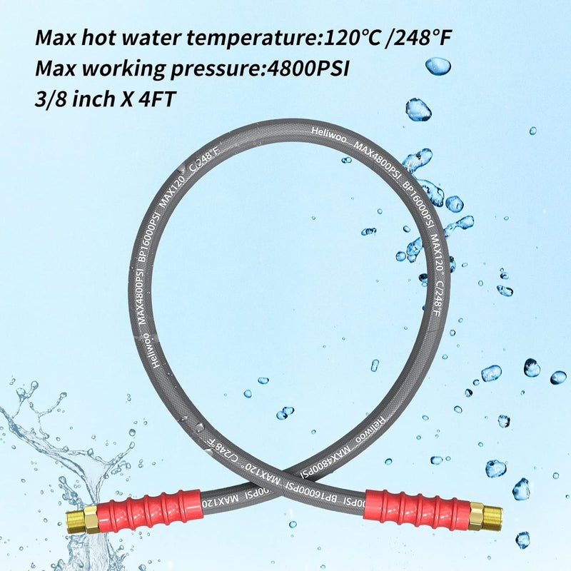 Heliwoo Pressure Washer Whip Hose, 4FT, 3/8'' Hose Reel Connector with 3/8'' Quick Connect Adapter Set, Steel-Braided, 4800 PSI - Image 3